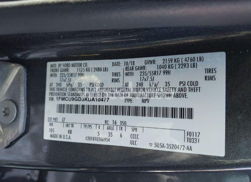 Photo 9 of 2019 Ford Escape SE (VIN 1FMCU9GD3KUA10477)