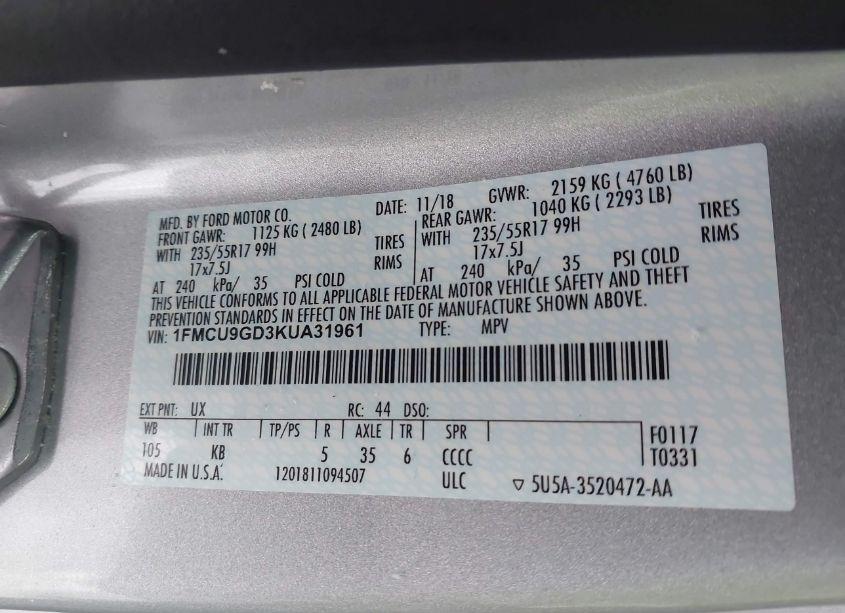 Photo 9 of 2019 Ford Escape SE (VIN 1FMCU9GD3KUA31961)