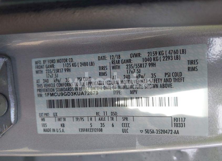 Photo 9 of 2019 Ford Escape SE (VIN 1FMCU9GD3KUA72879)