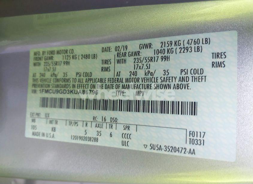 Photo 9 of 2019 Ford Escape SE (VIN 1FMCU9GD3KUA86796)