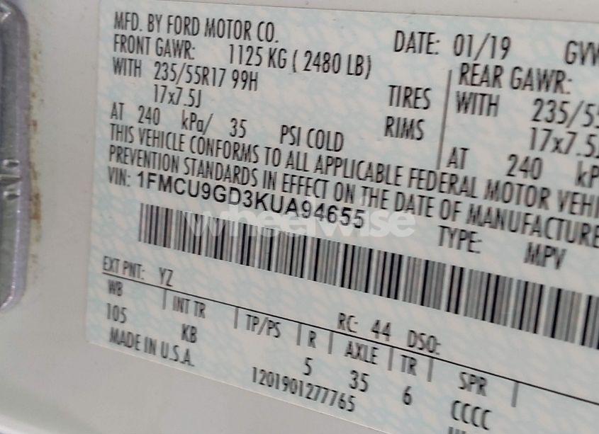 Photo 9 of 2019 Ford Escape SE (VIN 1FMCU9GD3KUA94655)