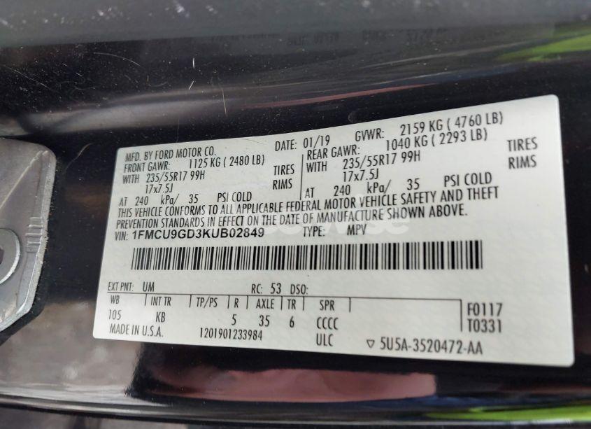 Photo 9 of 2019 Ford Escape SE (VIN 1FMCU9GD3KUB02849)