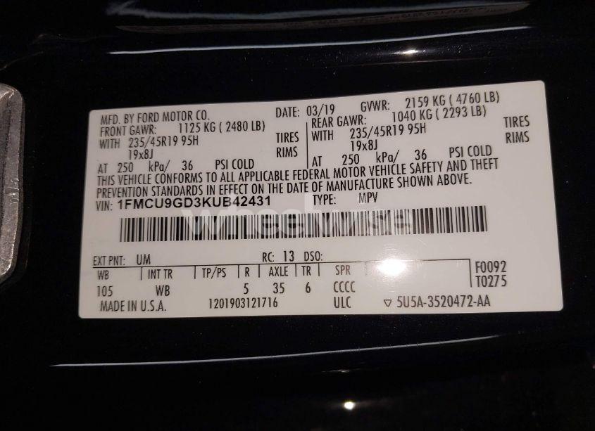 Photo 9 of 2019 Ford Escape SE (VIN 1FMCU9GD3KUB42431)