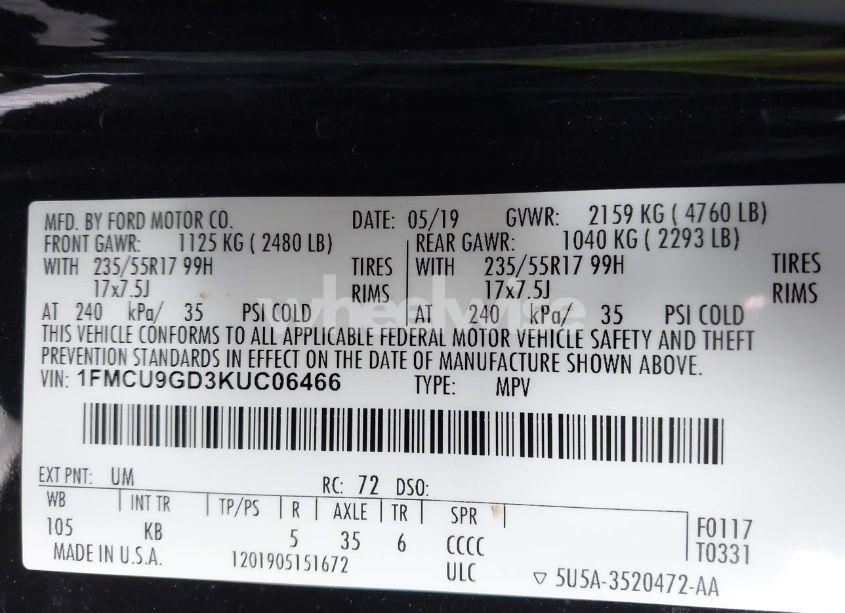 Photo 9 of 2019 Ford Escape SE (VIN 1FMCU9GD3KUC06466)