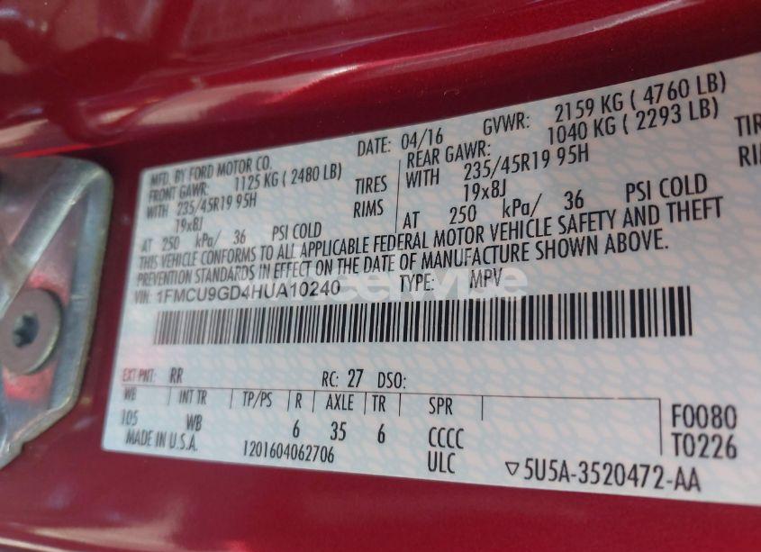 Photo 9 of 2017 Ford Escape SE (VIN 1FMCU9GD4HUA10240)