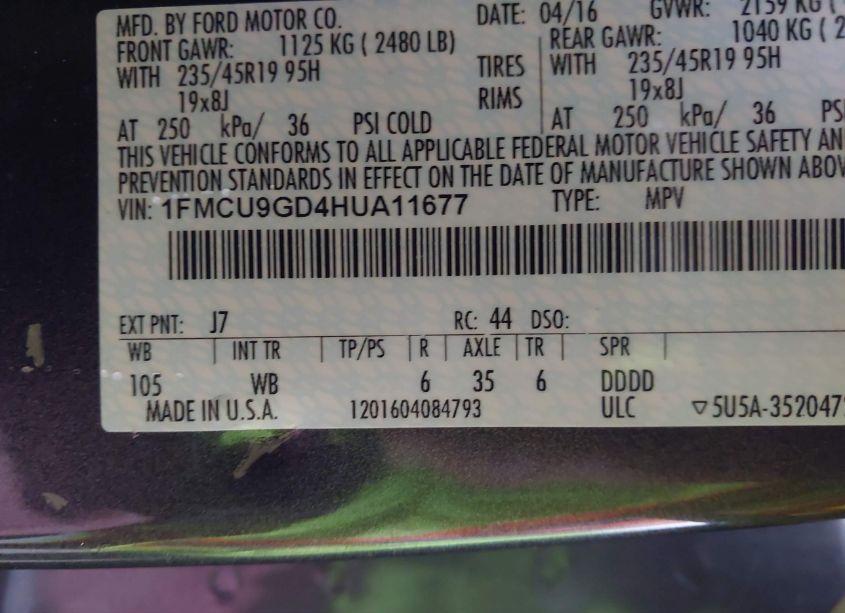 Photo 9 of 2017 Ford Escape SE (VIN 1FMCU9GD4HUA11677)