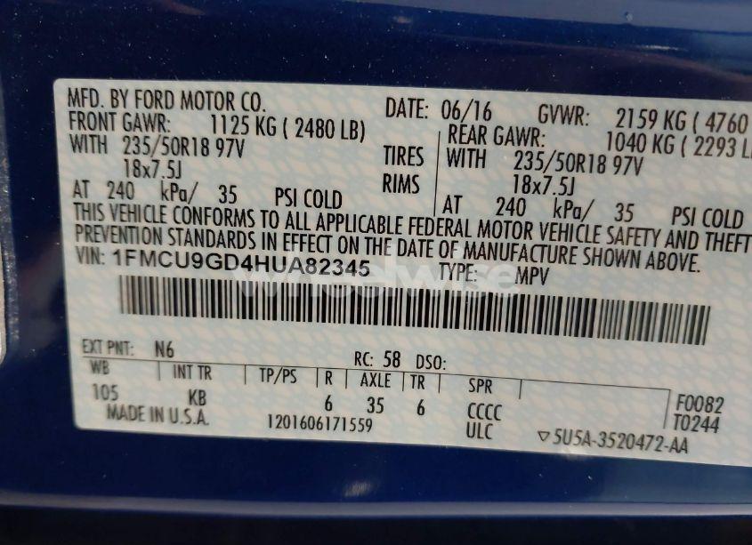 Photo 9 of 2017 Ford Escape SE (VIN 1FMCU9GD4HUA82345)