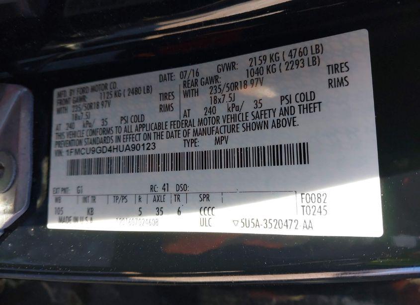 Photo 9 of 2017 Ford Escape SE (VIN 1FMCU9GD4HUA90123)