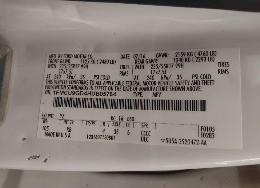 Photo 9 of 2017 Ford Escape SE (VIN 1FMCU9GD4HUB05784)