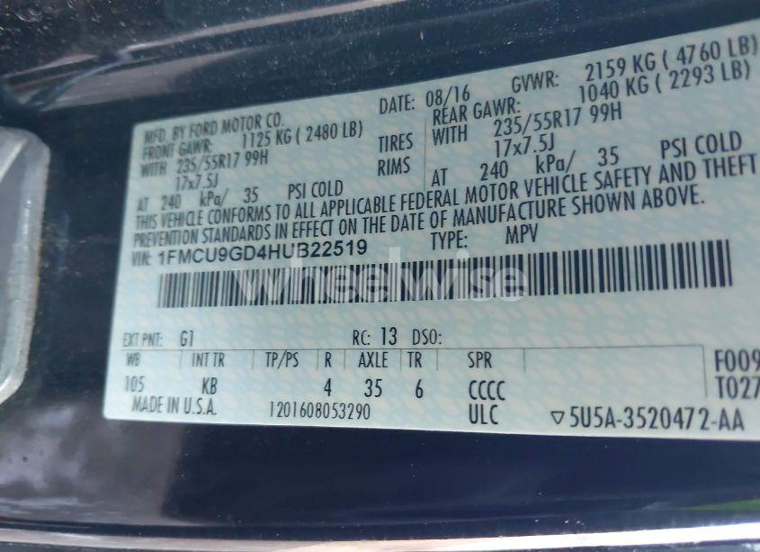 Photo 9 of 2017 Ford Escape SE (VIN 1FMCU9GD4HUB22519)