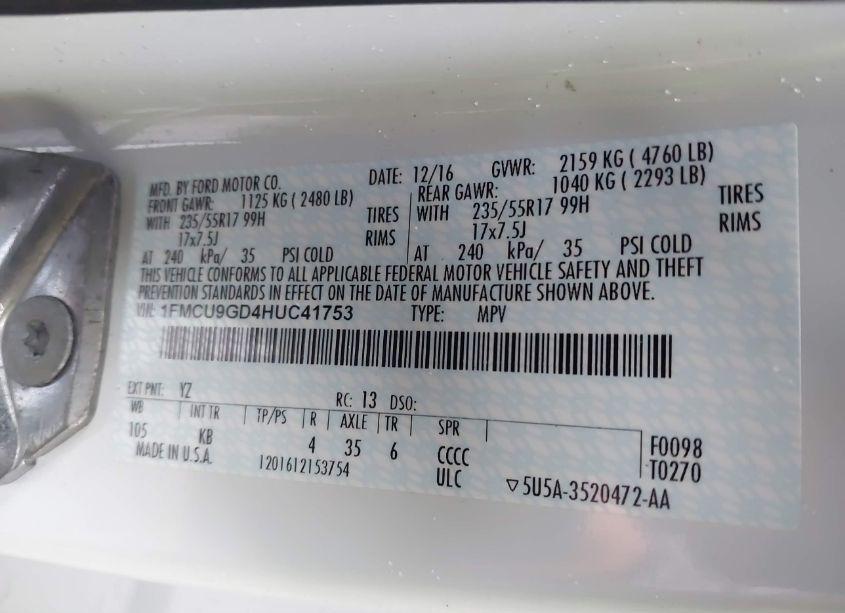 Photo 9 of 2017 Ford Escape SE (VIN 1FMCU9GD4HUC41753)