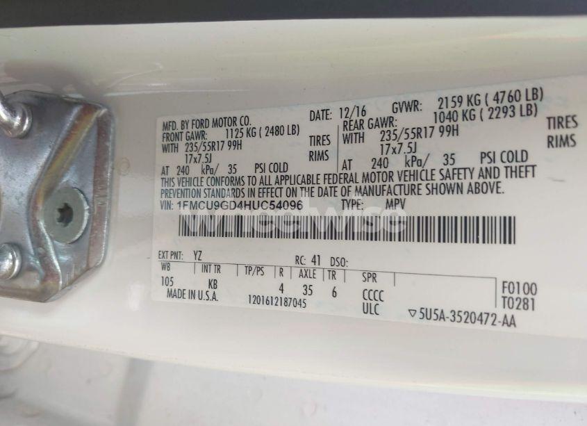 Photo 9 of 2017 Ford Escape SE (VIN 1FMCU9GD4HUC54096)