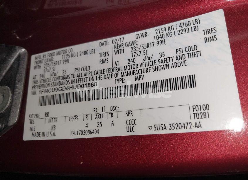 Photo 9 of 2017 Ford Escape SE (VIN 1FMCU9GD4HUD01868)