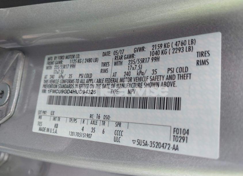 Photo 9 of 2017 Ford Escape SE (VIN 1FMCU9GD4HUD94326)