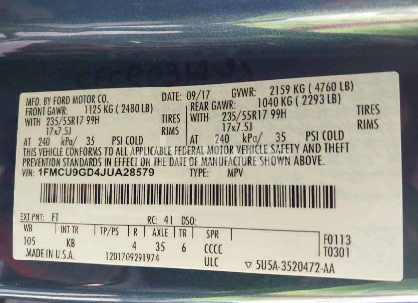 Photo 9 of 2018 Ford Escape SE (VIN 1FMCU9GD4JUA28579)