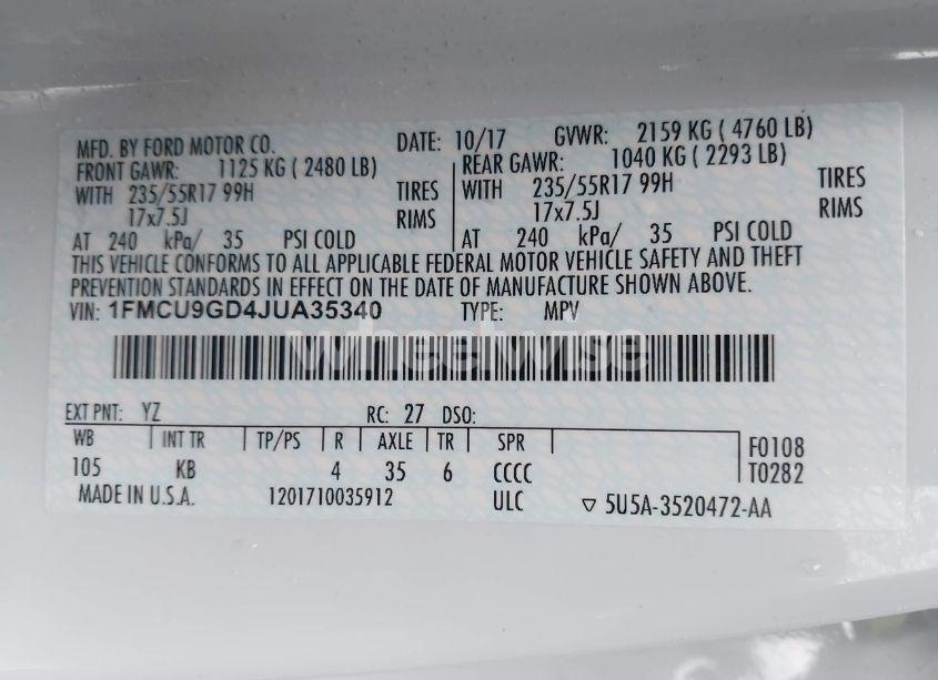 Photo 9 of 2018 Ford Escape SE (VIN 1FMCU9GD4JUA35340)