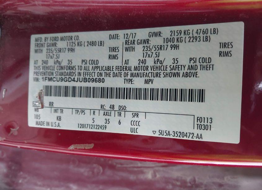 Photo 9 of 2018 Ford Escape SE (VIN 1FMCU9GD4JUB09680)