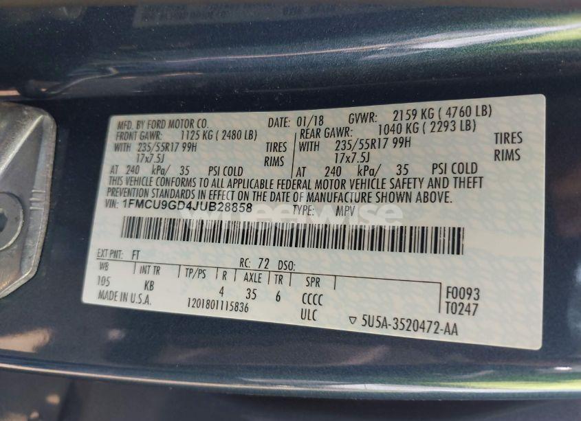 Photo 9 of 2018 Ford Escape SE (VIN 1FMCU9GD4JUB28858)