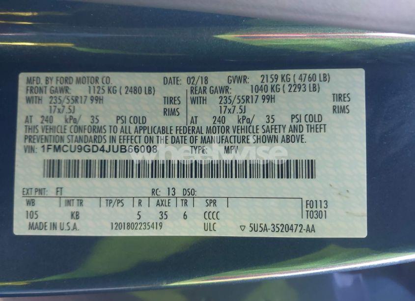 Photo 9 of 2018 Ford Escape SE (VIN 1FMCU9GD4JUB66008)