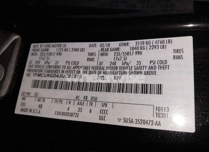 Photo 9 of 2018 Ford Escape SE (VIN 1FMCU9GD4JUC05275)