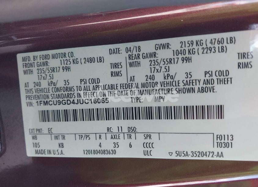 Photo 9 of 2018 Ford Escape SE (VIN 1FMCU9GD4JUC16065)