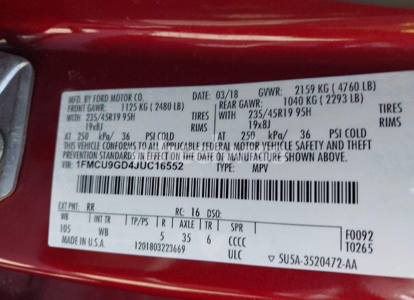 Photo 9 of 2018 Ford Escape SE (VIN 1FMCU9GD4JUC16552)