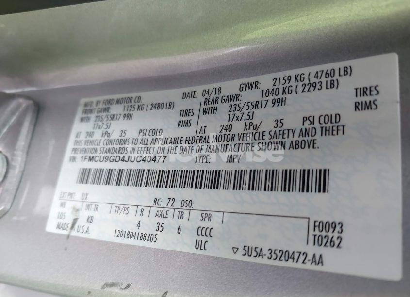 Photo 9 of 2018 Ford Escape SE (VIN 1FMCU9GD4JUC40477)