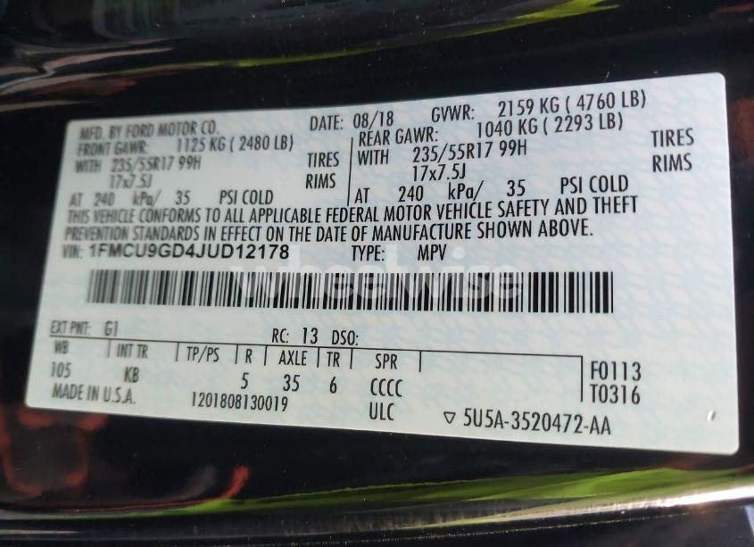 Photo 9 of 2018 Ford Escape SE (VIN 1FMCU9GD4JUD12178)