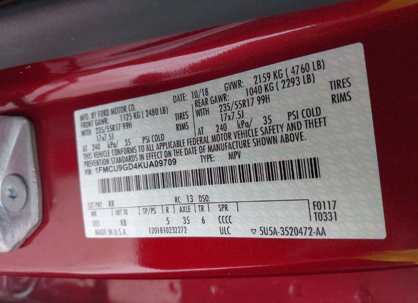 Photo 9 of 2019 Ford Escape SE (VIN 1FMCU9GD4KUA09709)