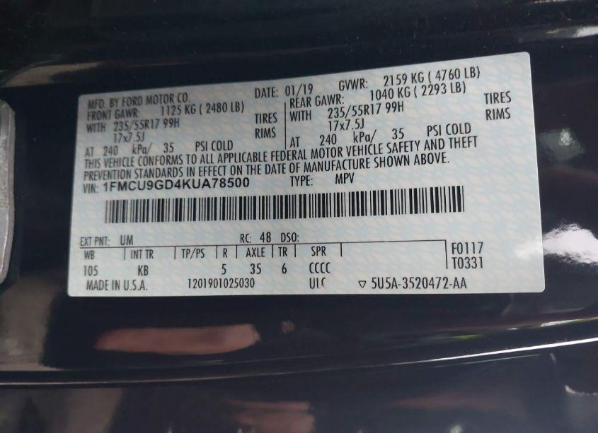 Photo 9 of 2019 Ford Escape SE (VIN 1FMCU9GD4KUA78500)