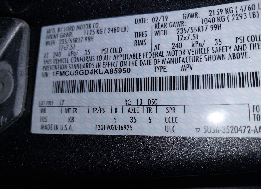 Photo 9 of 2019 Ford Escape SE (VIN 1FMCU9GD4KUA85950)