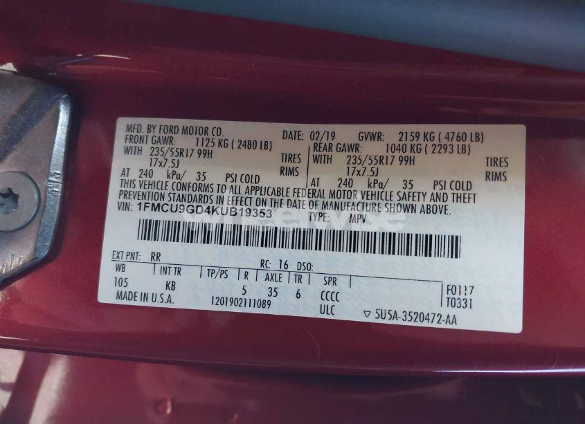 Photo 9 of 2019 Ford Escape SE (VIN 1FMCU9GD4KUB19353)