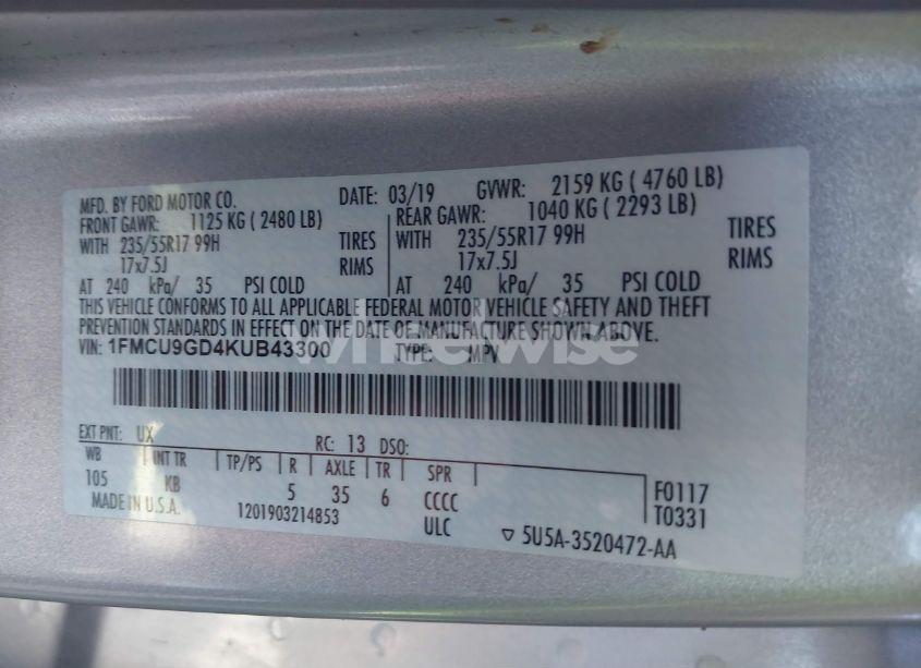 Photo 9 of 2019 Ford Escape SE (VIN 1FMCU9GD4KUB43300)