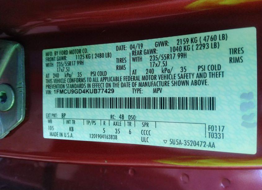 Photo 9 of 2019 Ford Escape SE (VIN 1FMCU9GD4KUB77429)