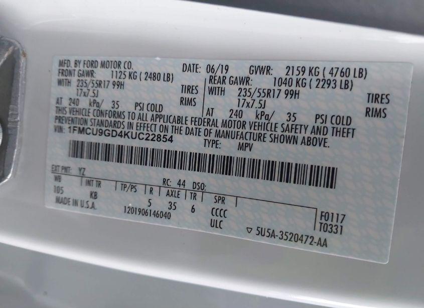 Photo 9 of 2019 Ford Escape SE (VIN 1FMCU9GD4KUC22854)