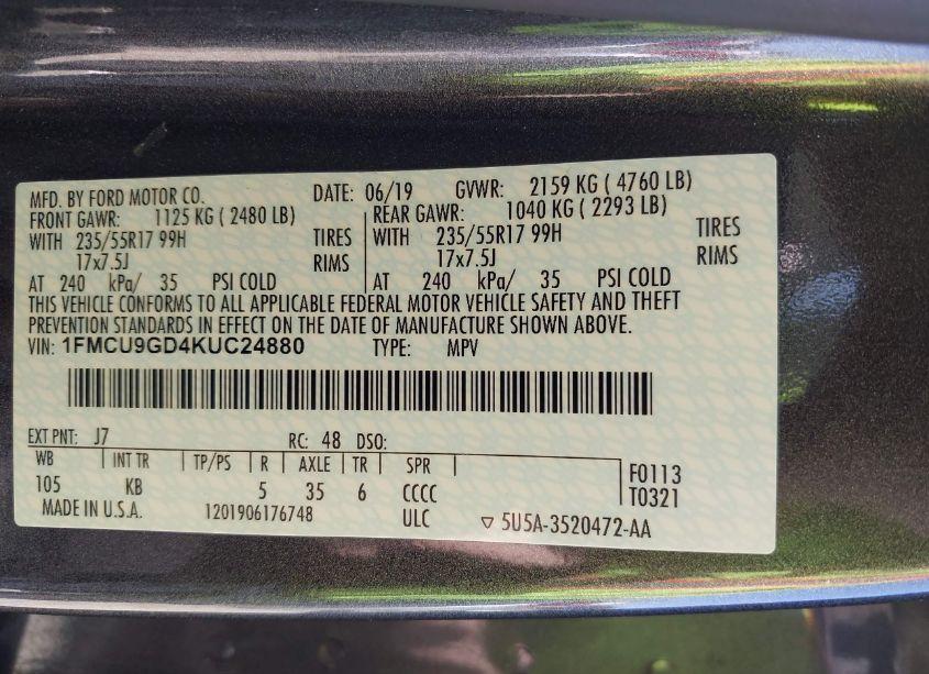 Photo 9 of 2019 Ford Escape SE (VIN 1FMCU9GD4KUC24880)