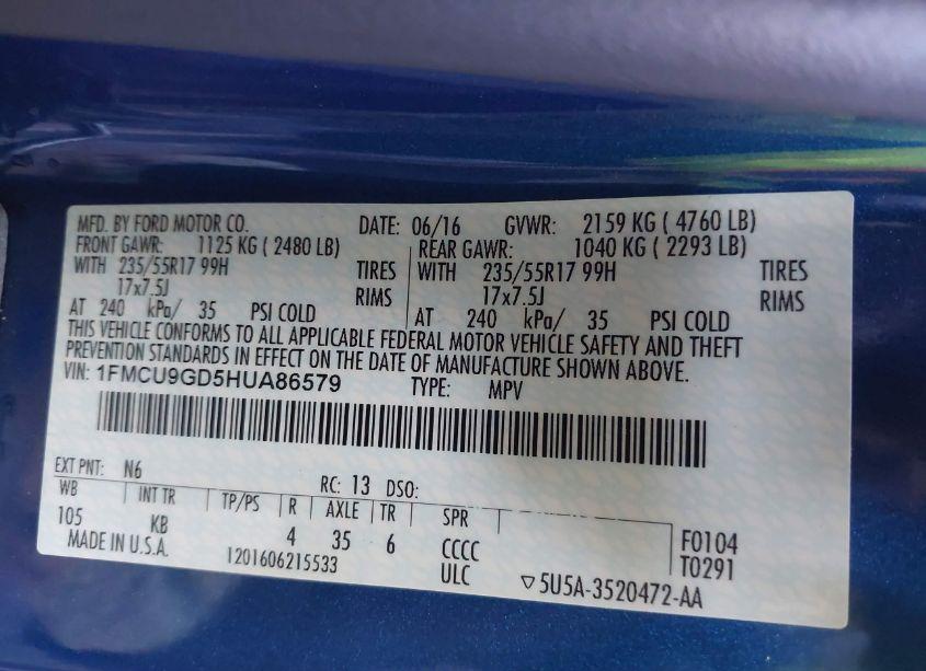 Photo 9 of 2017 Ford Escape SE (VIN 1FMCU9GD5HUA86579)