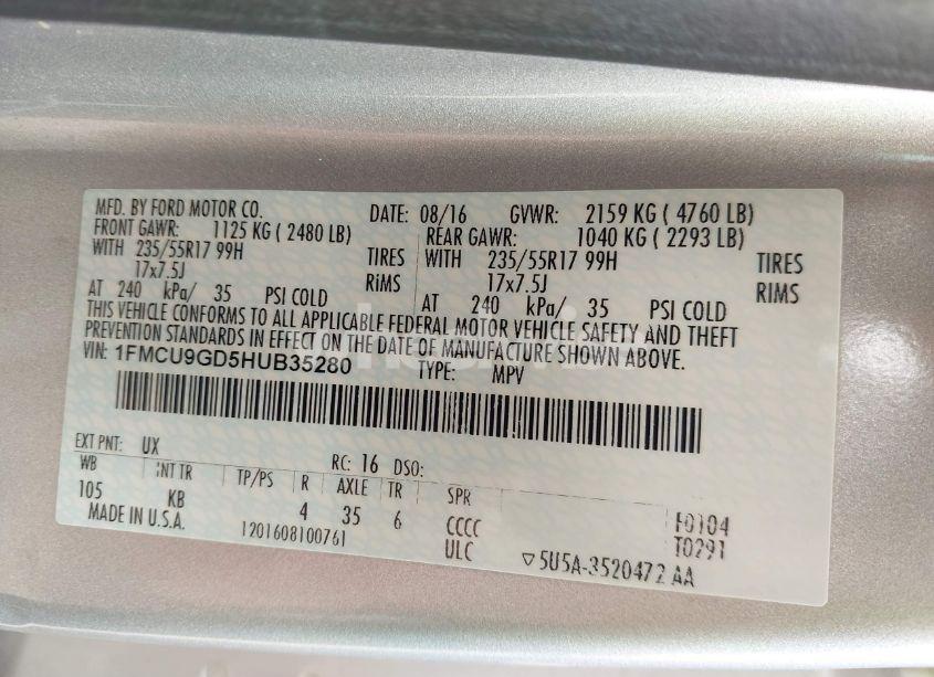 Photo 9 of 2017 Ford Escape SE (VIN 1FMCU9GD5HUB35280)