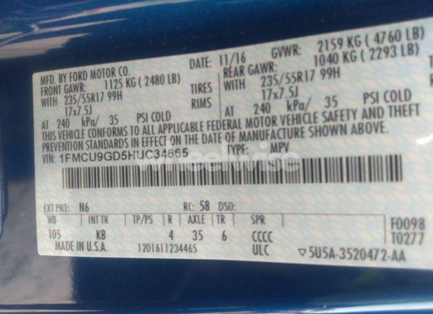 Photo 9 of 2017 Ford Escape SE (VIN 1FMCU9GD5HUC34665)