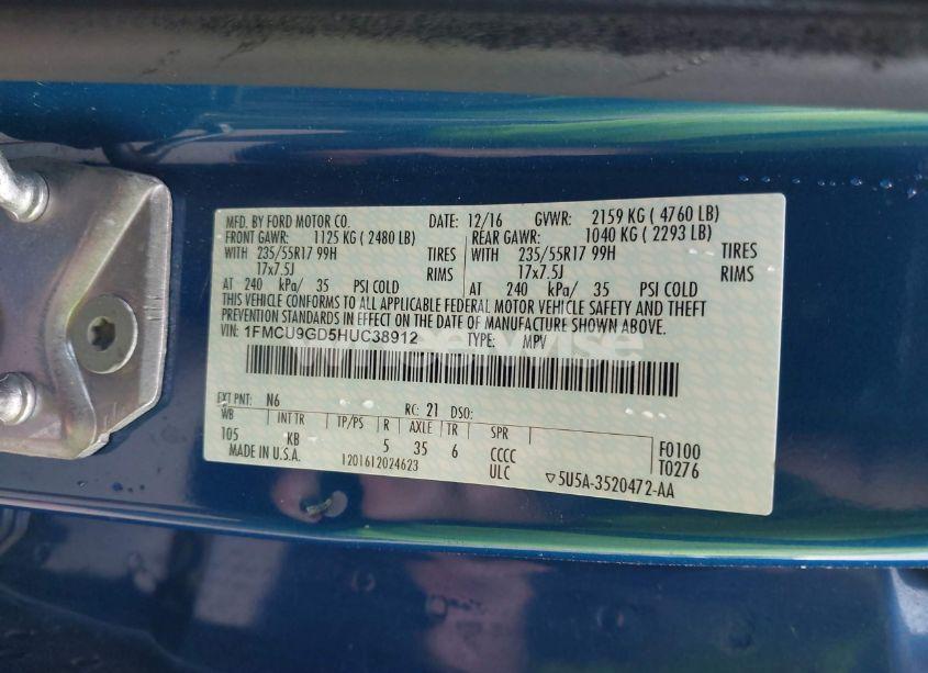 Photo 9 of 2017 Ford Escape SE (VIN 1FMCU9GD5HUC38912)