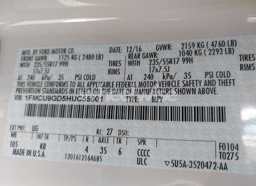 Photo 9 of 2017 Ford Escape SE (VIN 1FMCU9GD5HUC55001)