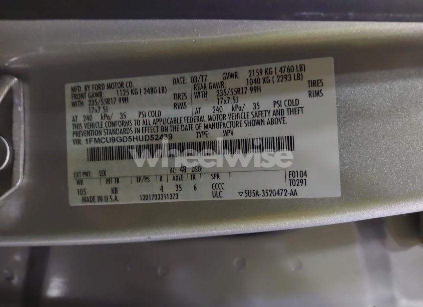 Photo 9 of 2017 Ford Escape SE (VIN 1FMCU9GD5HUD52439)