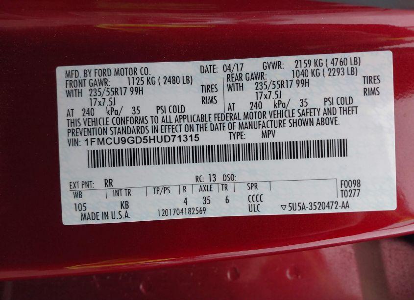 Photo 9 of 2017 Ford Escape SE (VIN 1FMCU9GD5HUD71315)