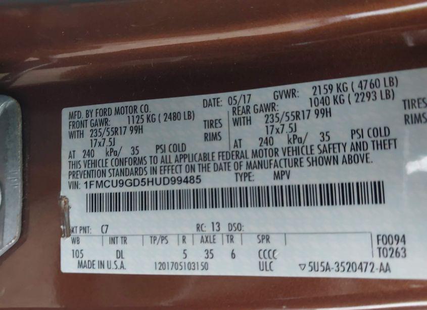 Photo 9 of 2017 Ford Escape SE (VIN 1FMCU9GD5HUD99485)