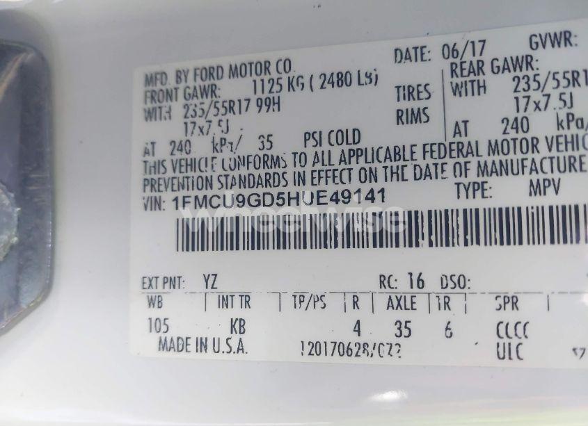 Photo 9 of 2017 Ford Escape SE (VIN 1FMCU9GD5HUE49141)