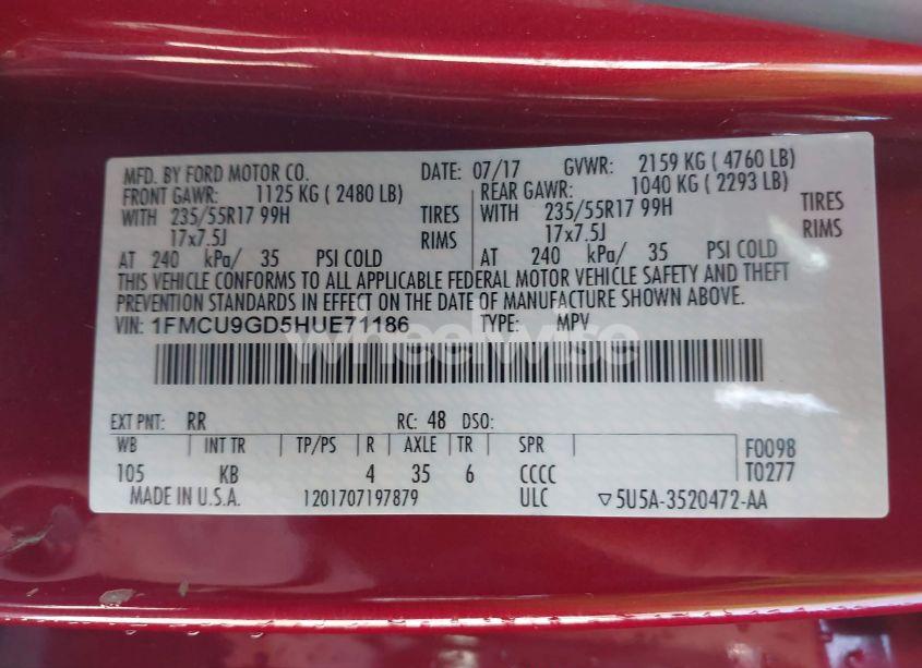 Photo 9 of 2017 Ford Escape SE (VIN 1FMCU9GD5HUE71186)