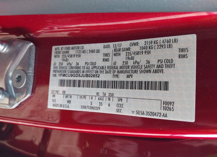 Photo 9 of 2018 Ford Escape SE (VIN 1FMCU9GD5JUB02852)