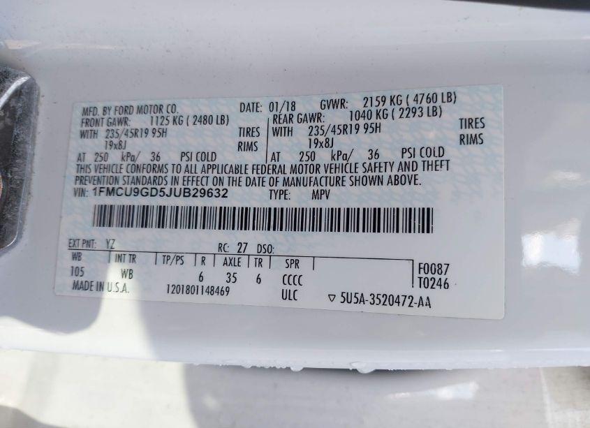 Photo 9 of 2018 Ford Escape SE (VIN 1FMCU9GD5JUB29632)