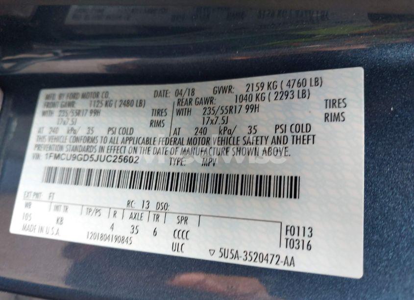 Photo 9 of 2018 Ford Escape SE (VIN 1FMCU9GD5JUC25602)