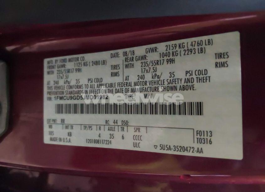 Photo 9 of 2018 Ford Escape SE (VIN 1FMCU9GD5JUD01982)